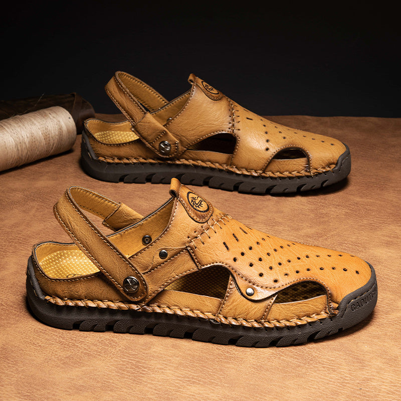 (⏰Limited Time Sale 70% OFF🔥)Men's Full-Grain Leather Sandals – Closed-Toe, Adjustable for Fishing & Gardening