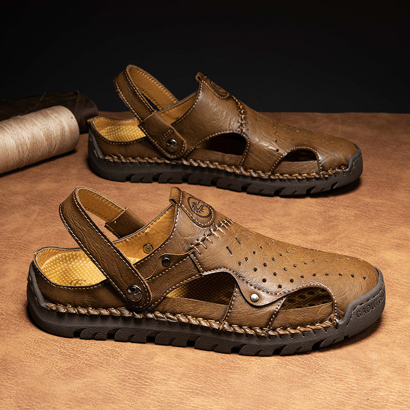 (⏰Limited Time Sale 70% OFF🔥)Men's Full-Grain Leather Sandals – Closed-Toe, Adjustable for Fishing & Gardening