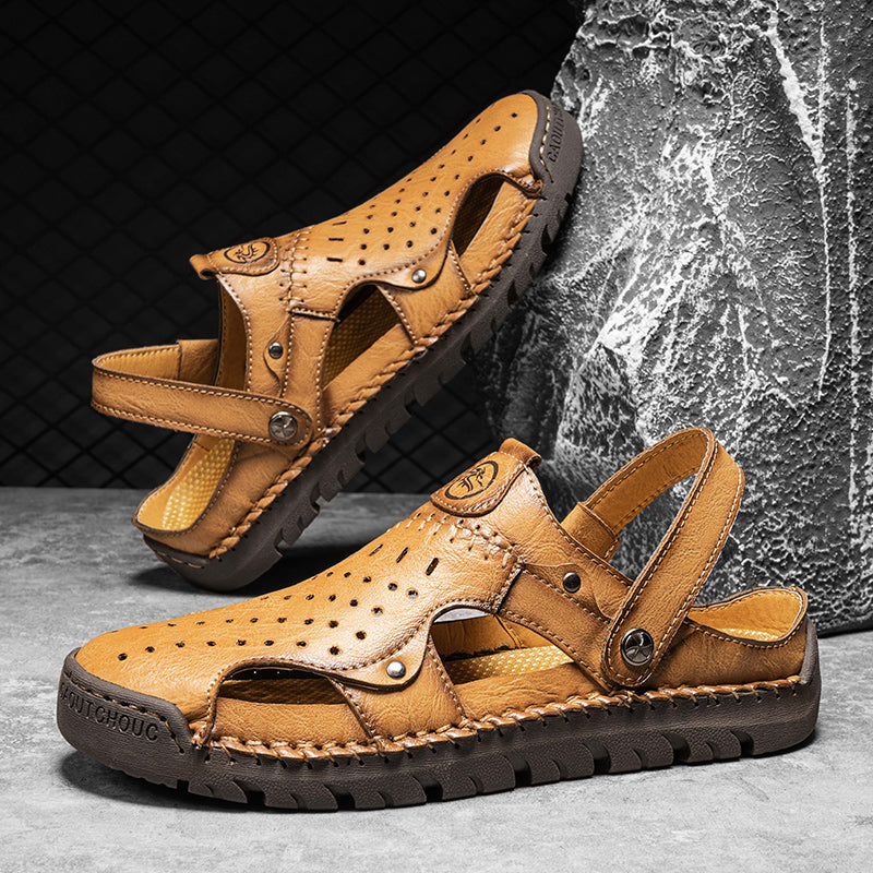 (⏰Limited Time Sale 70% OFF🔥)Men's Full-Grain Leather Sandals – Closed-Toe, Adjustable for Fishing & Gardening